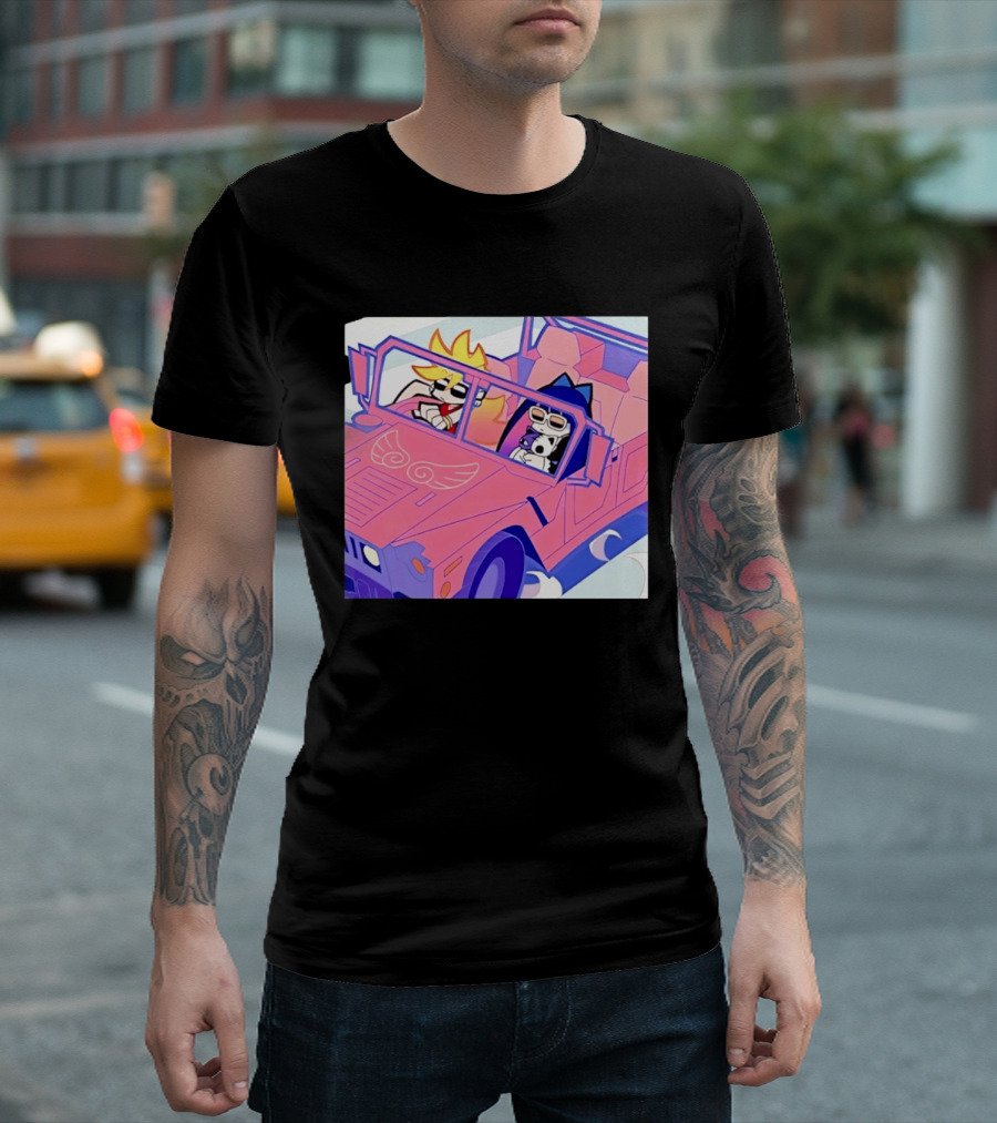 Panty And Stocking With Garterbelt Anime Characters Riding In Pink Car T-Shirt