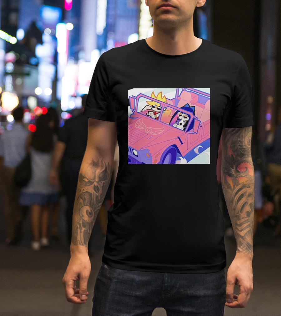 Panty And Stocking With Garterbelt Anime Characters Riding In Pink Car T-Shirt