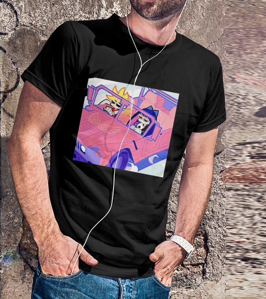 Panty And Stocking With Garterbelt Anime Characters Riding In Pink Car T-Shirt