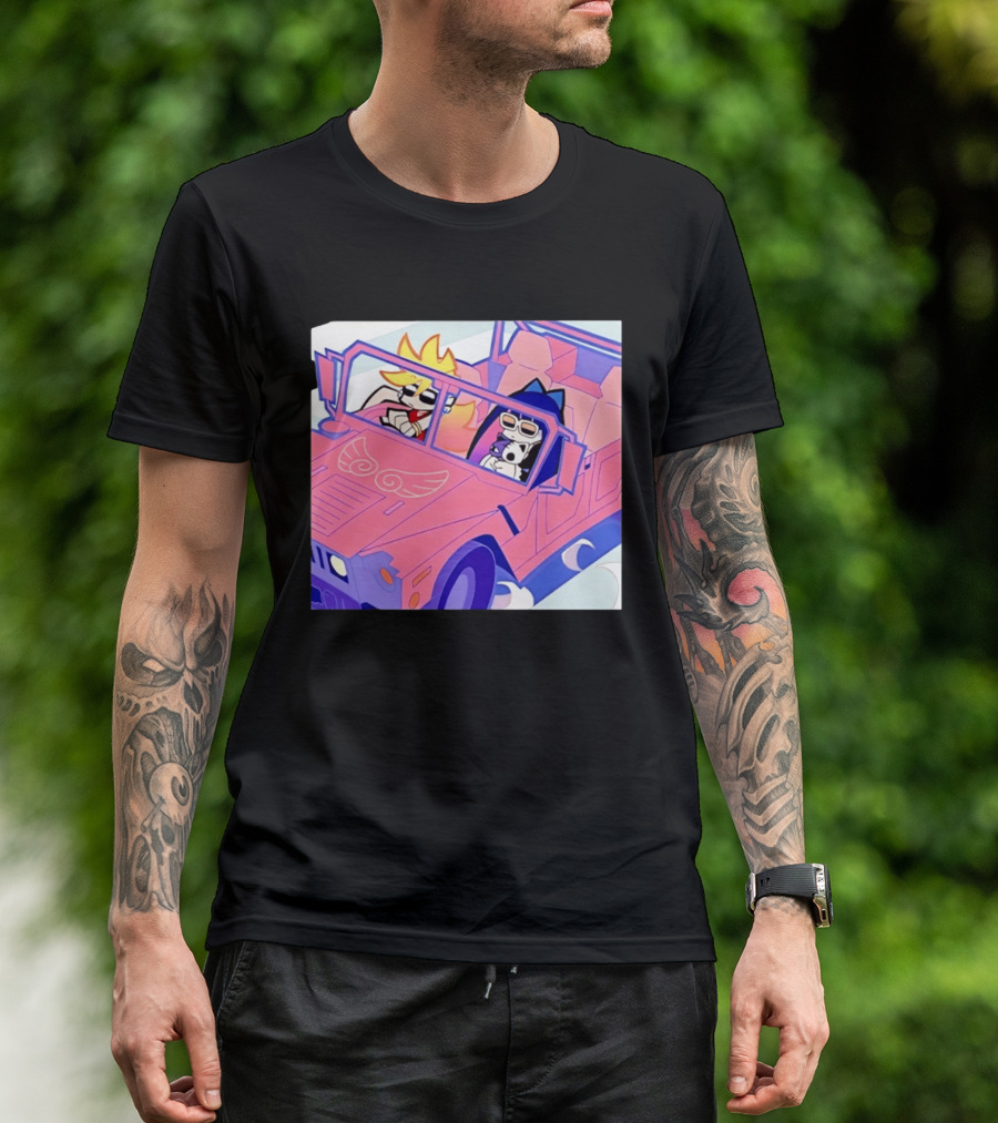 Panty And Stocking With Garterbelt Anime Characters Riding In Pink Car T-Shirt
