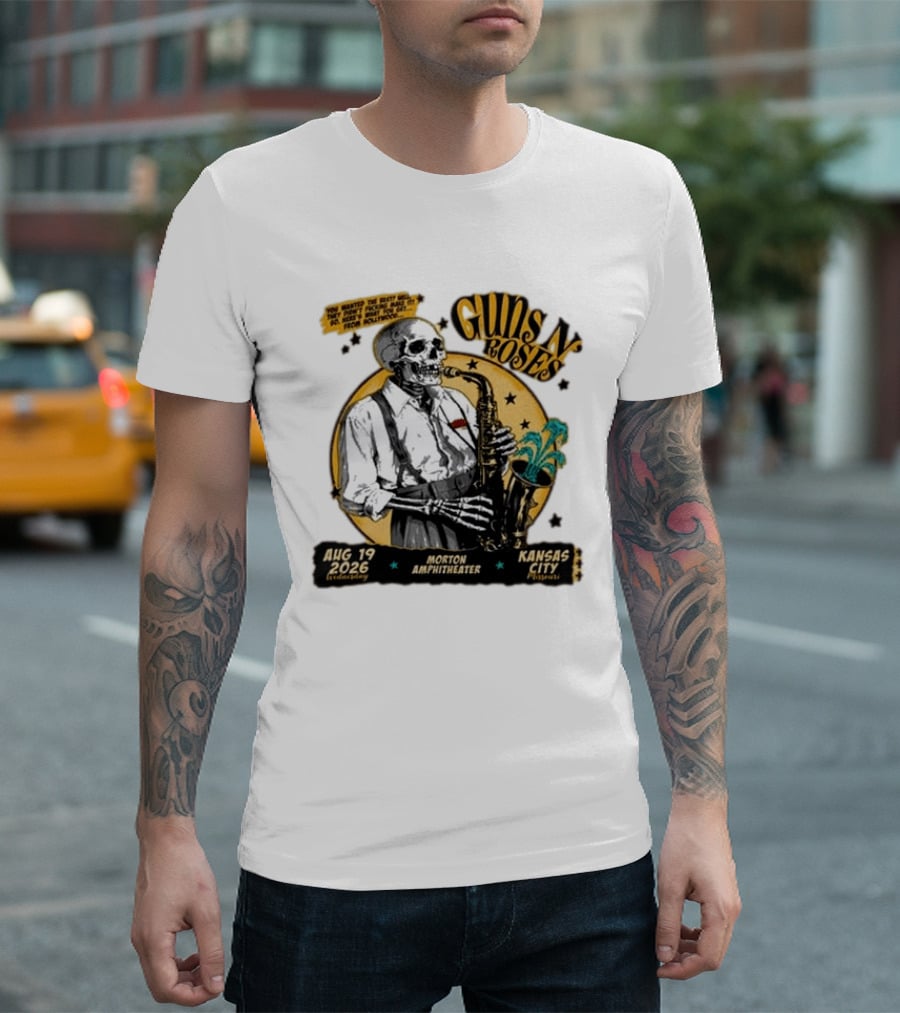 Guns N' Roses Aug 19 2026 Morton Amphitheater Kansas City Skeleton Saxophone T-Shirt