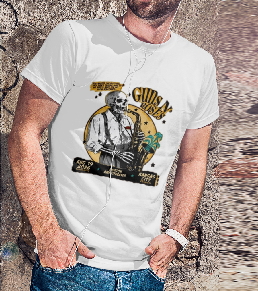 Guns N' Roses Aug 19 2026 Morton Amphitheater Kansas City Skeleton Saxophone T-Shirt