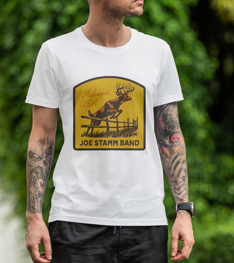 Joe Stamm Band Midwest USA Deer Jumping Fence Over Farm Field T-Shirt