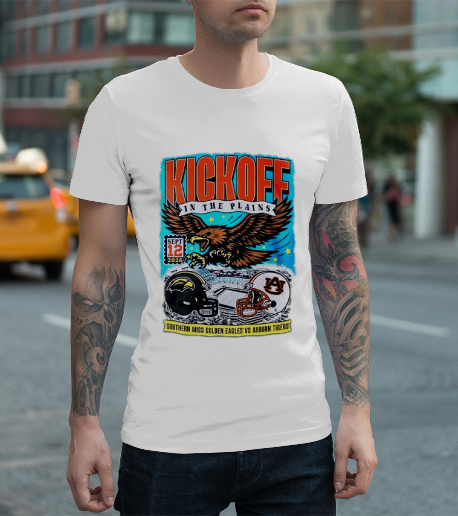 Kickoff In The Plains Southern Miss Golden Eagles Vs Auburn Tigers Sept 12 2026 Football Matchup T-Shirt