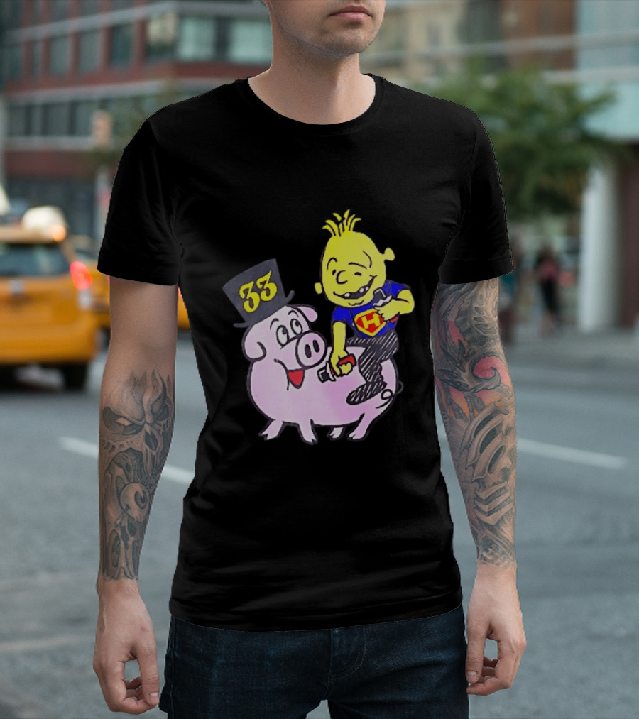 33 Cartoon Boy Yellow Hair Riding Pink Pig Black Top Hat H Hero T-Shirt
