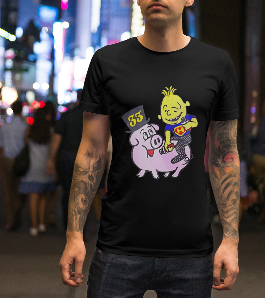 33 Cartoon Boy Yellow Hair Riding Pink Pig Black Top Hat H Hero T-Shirt