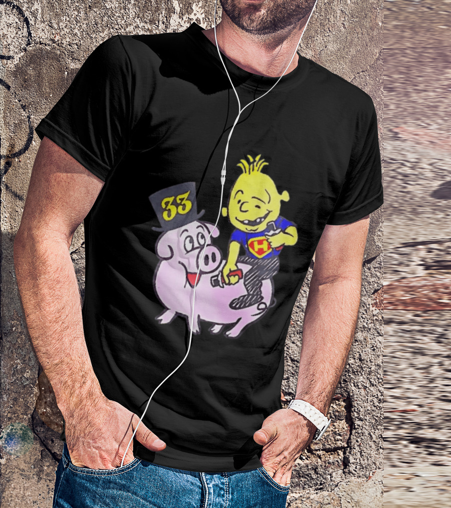 33 Cartoon Boy Yellow Hair Riding Pink Pig Black Top Hat H Hero T-Shirt