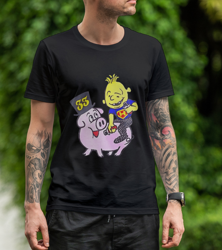 33 Cartoon Boy Yellow Hair Riding Pink Pig Black Top Hat H Hero T-Shirt