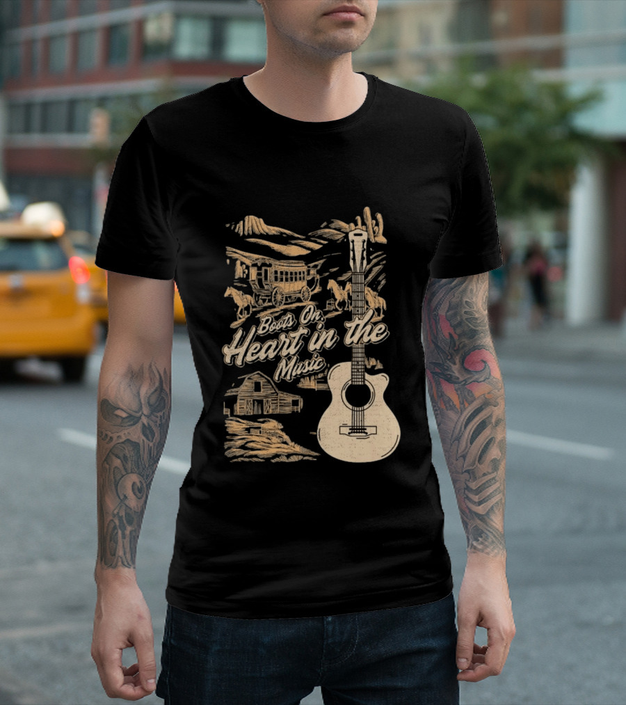 Boots On Heart In The Music Acoustic Guitar Cowboy Stagecoach Barn Scene T-Shirt