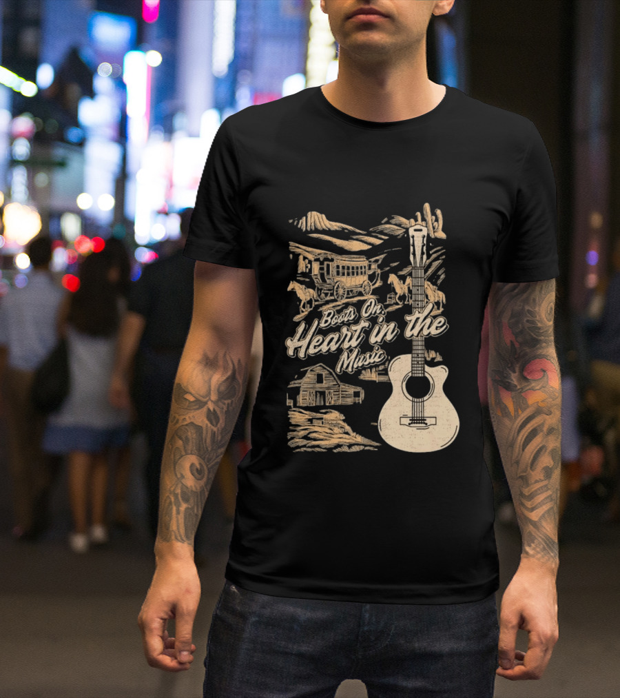 Boots On Heart In The Music Acoustic Guitar Cowboy Stagecoach Barn Scene T-Shirt