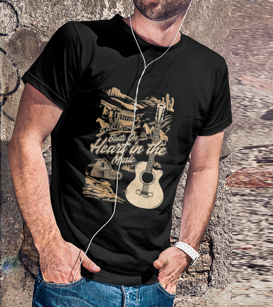 Boots On Heart In The Music Acoustic Guitar Cowboy Stagecoach Barn Scene T-Shirt