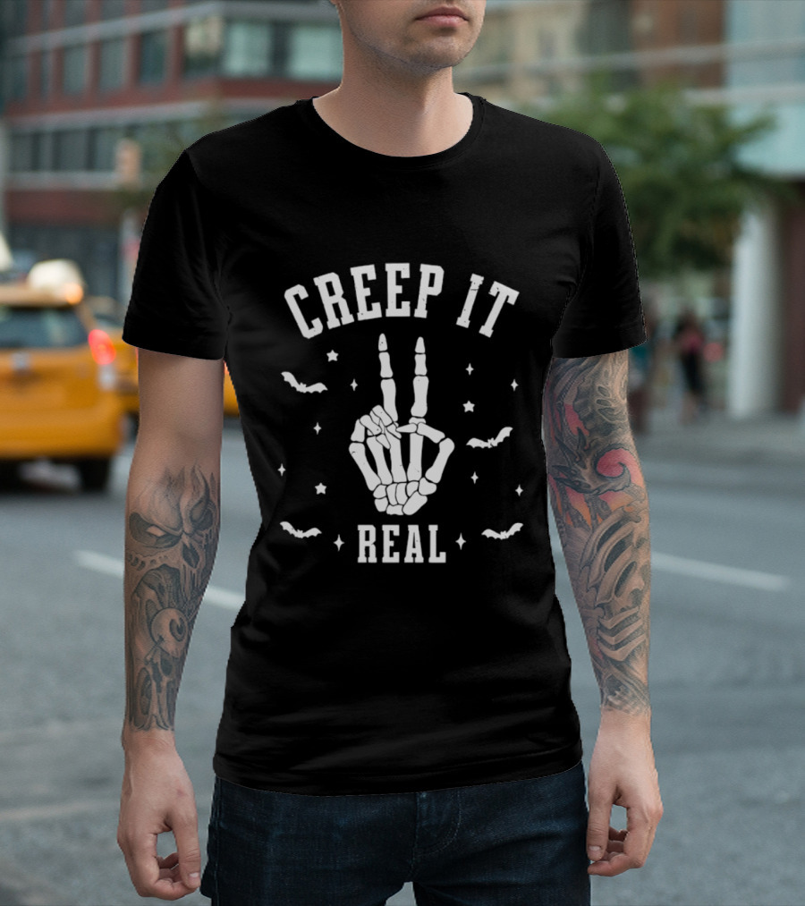 Creep It Real Skeleton Hand Peace Sign Halloween Bats Stars T-Shirt