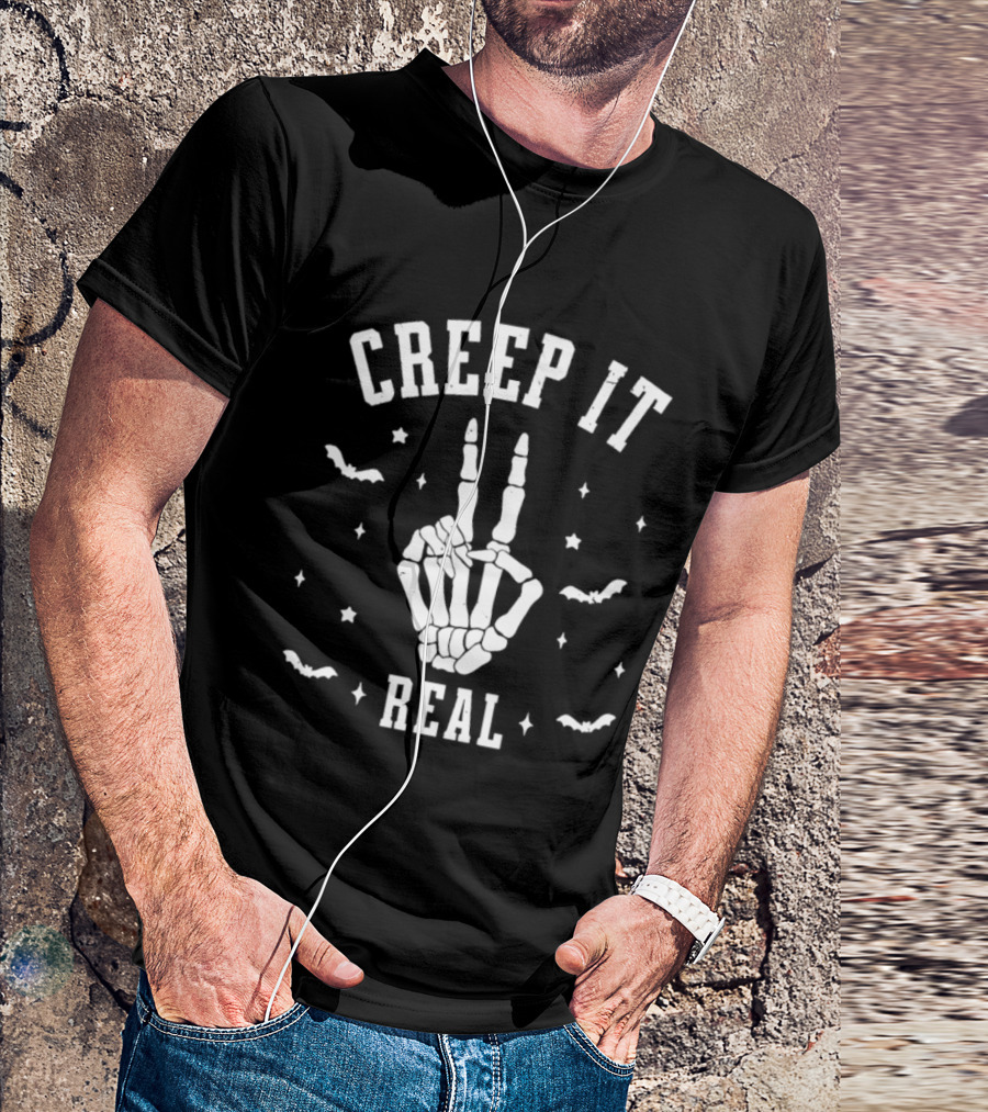 Creep It Real Skeleton Hand Peace Sign Halloween Bats Stars T-Shirt