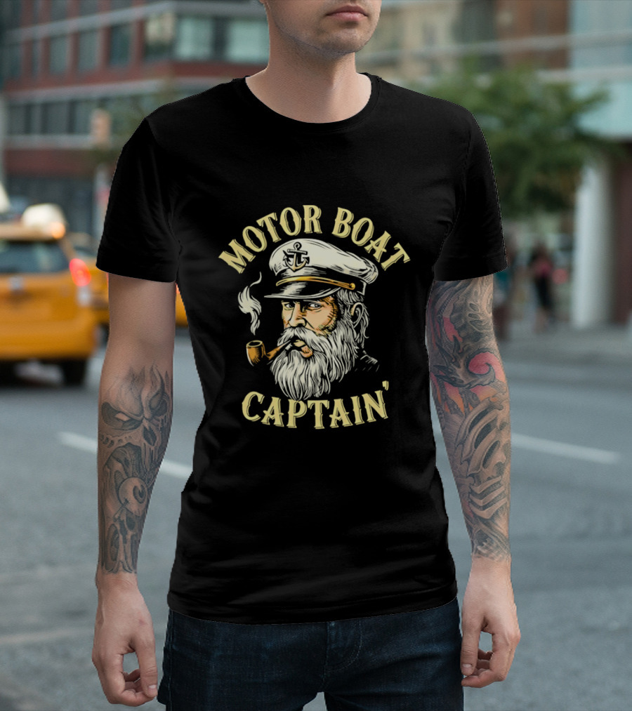 Motor Boat Captain Nautical Sea Sailor Pipe Smoking Beard T-Shirt