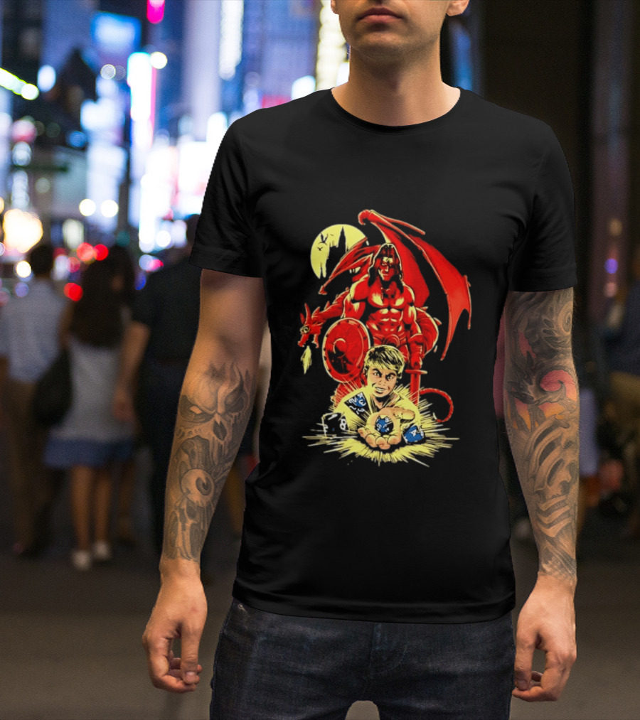 Dungeons And Dragons Player With Red Dragon And Blue Dice Adventure T-Shirt