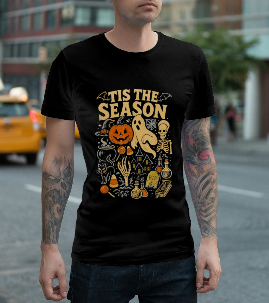 Tis The Season Halloween Pumpkin Ghost Skeleton Bats Candy T-Shirt