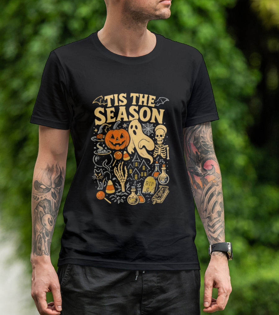 Tis The Season Halloween Pumpkin Ghost Skeleton Bats Candy T-Shirt
