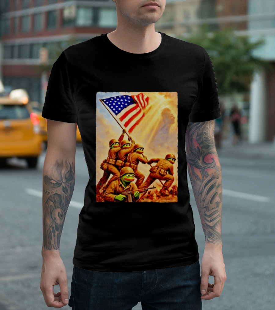 Pepe The Frog American Flag Soldiers Together We Win WWII Iwo Jima Memorial T-Shirt