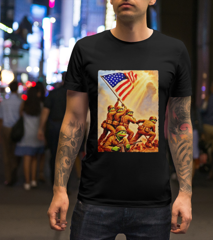 Pepe The Frog American Flag Soldiers Together We Win WWII Iwo Jima Memorial T-Shirt