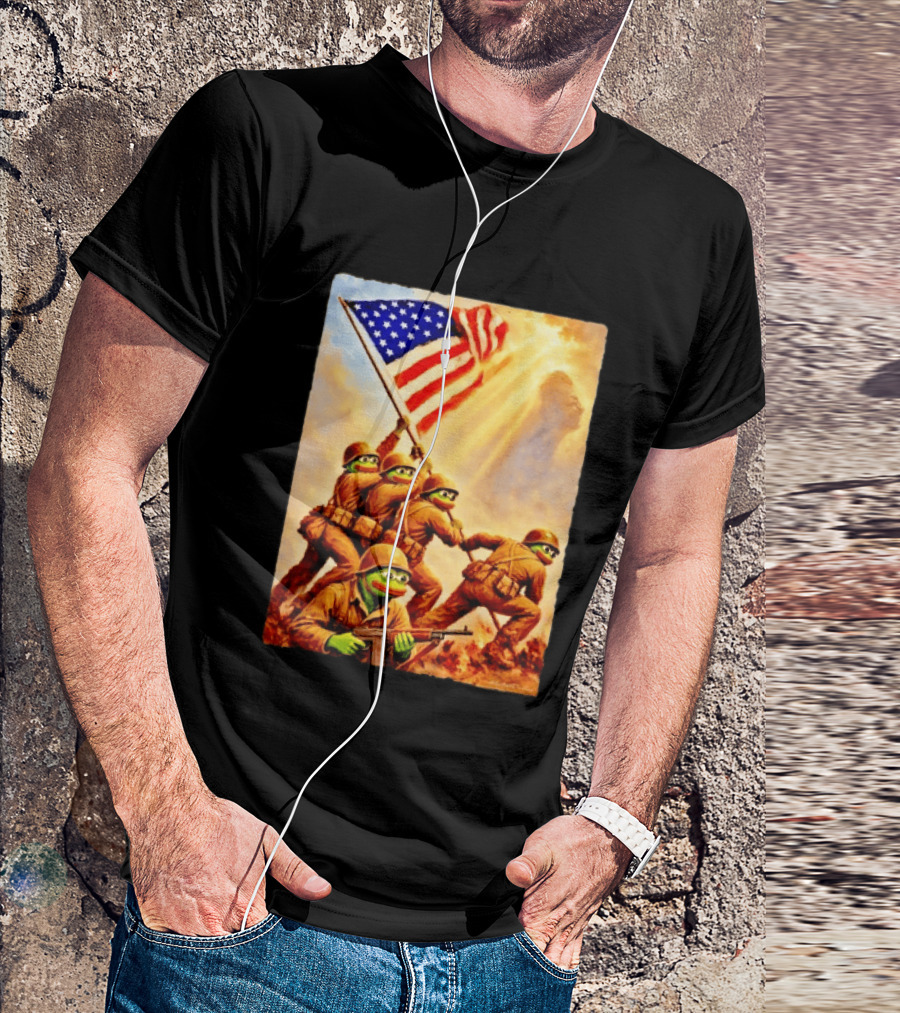 Pepe The Frog American Flag Soldiers Together We Win WWII Iwo Jima Memorial T-Shirt