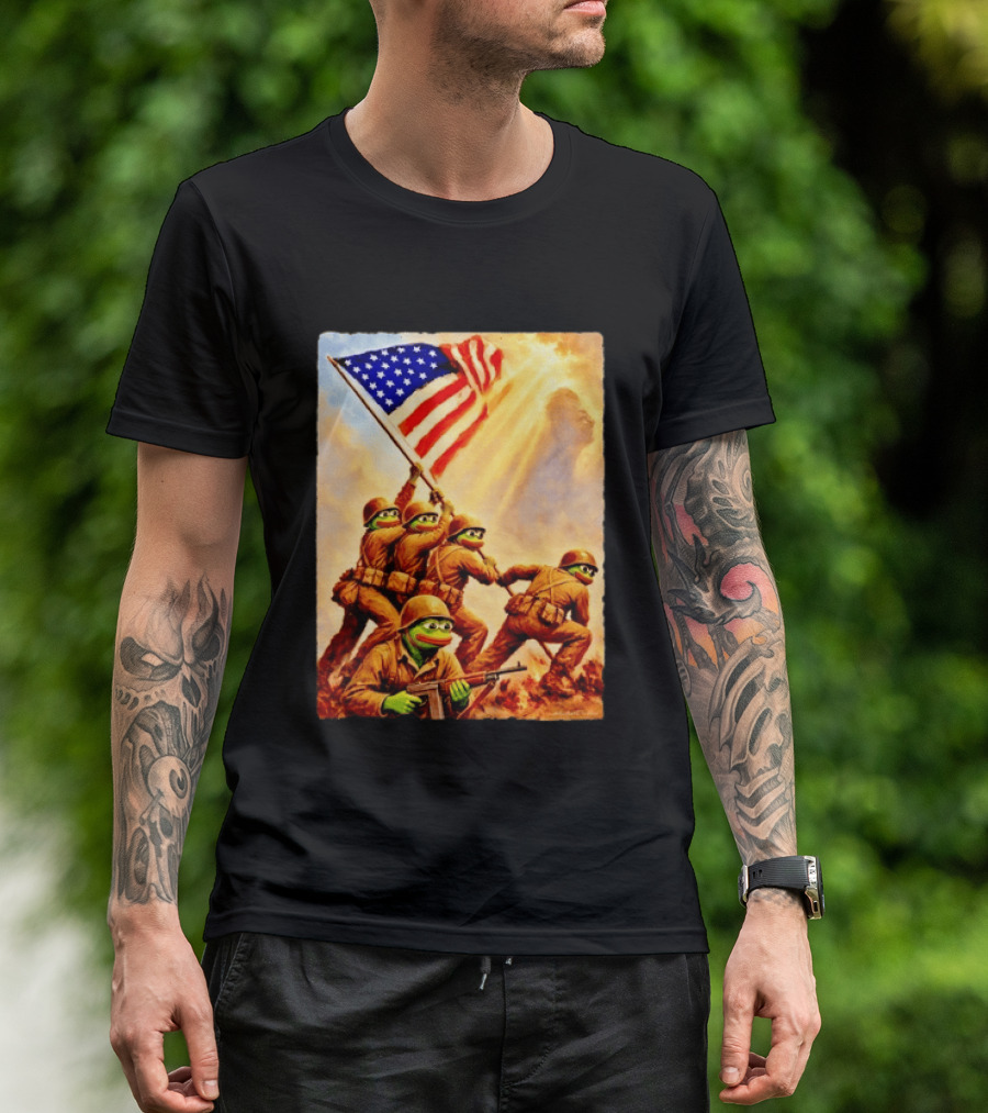Pepe The Frog American Flag Soldiers Together We Win WWII Iwo Jima Memorial T-Shirt