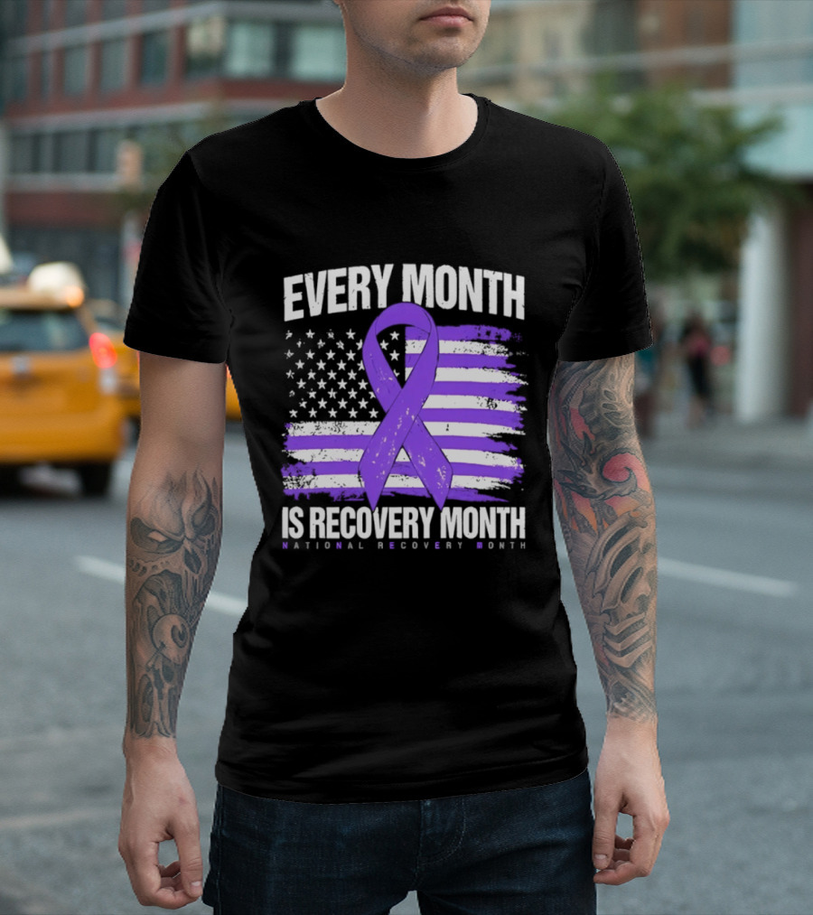 Every Month Is Recovery Month Purple Ribbon American Flag National Recovery Month T-Shirt