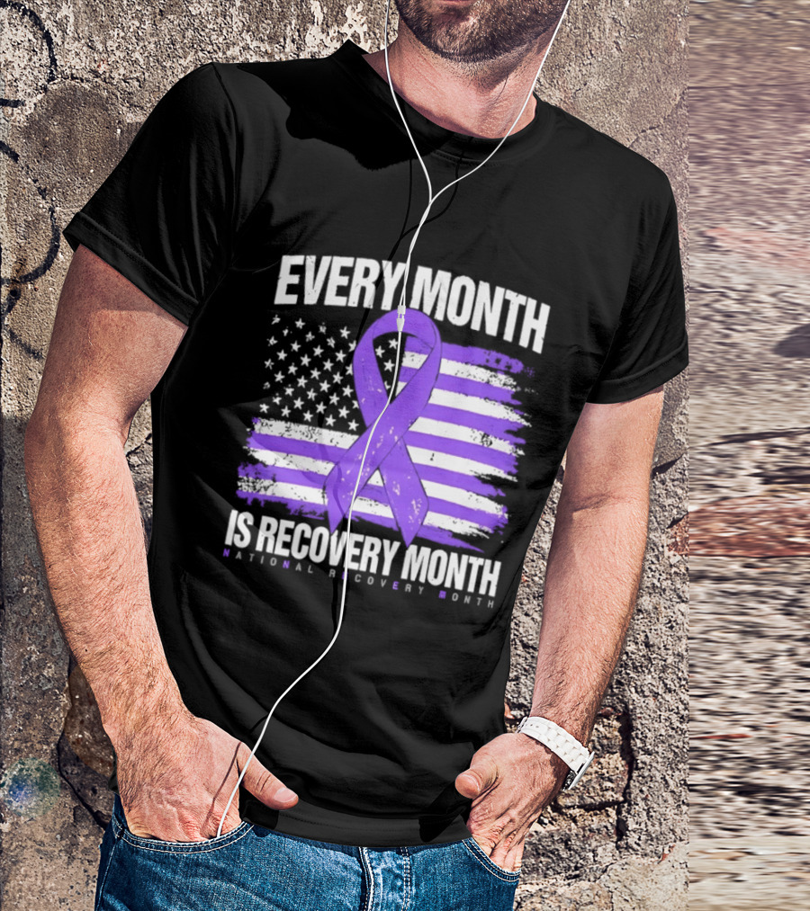 Every Month Is Recovery Month Purple Ribbon American Flag National Recovery Month T-Shirt