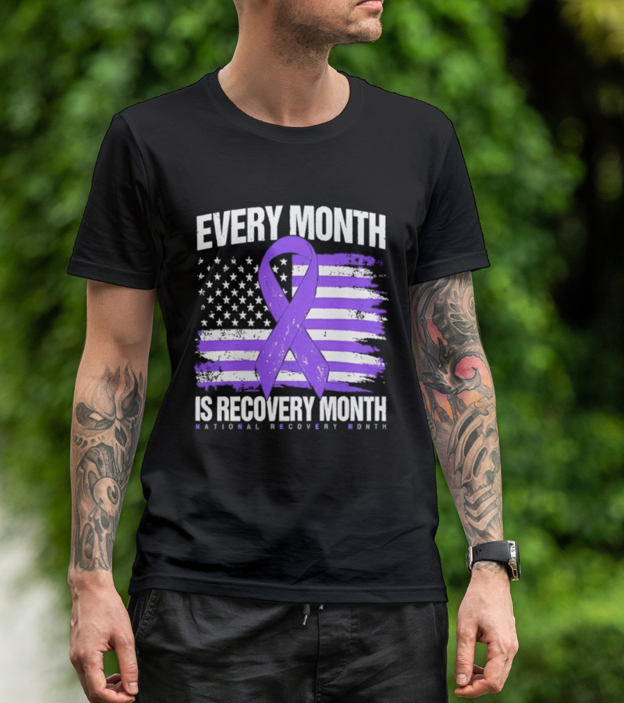 Every Month Is Recovery Month Purple Ribbon American Flag National Recovery Month T-Shirt