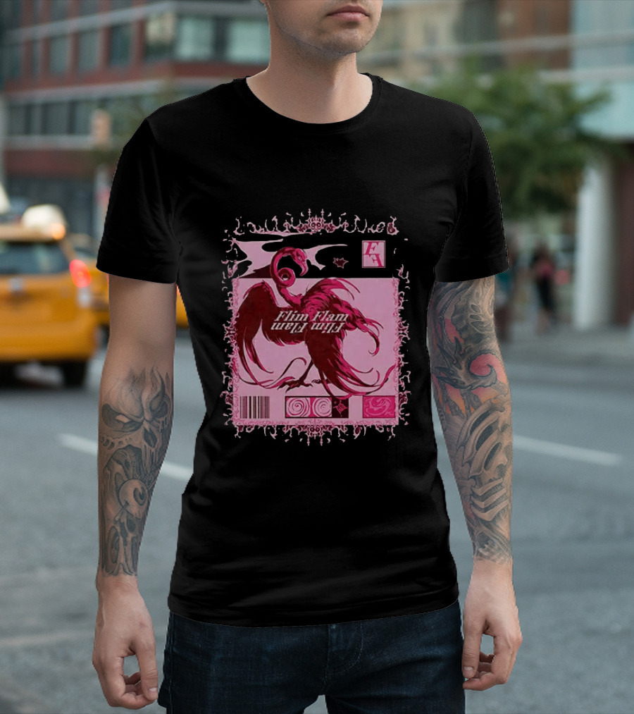 Flim Flam Flamingo Barcode Pink Swirl Border T-Shirt