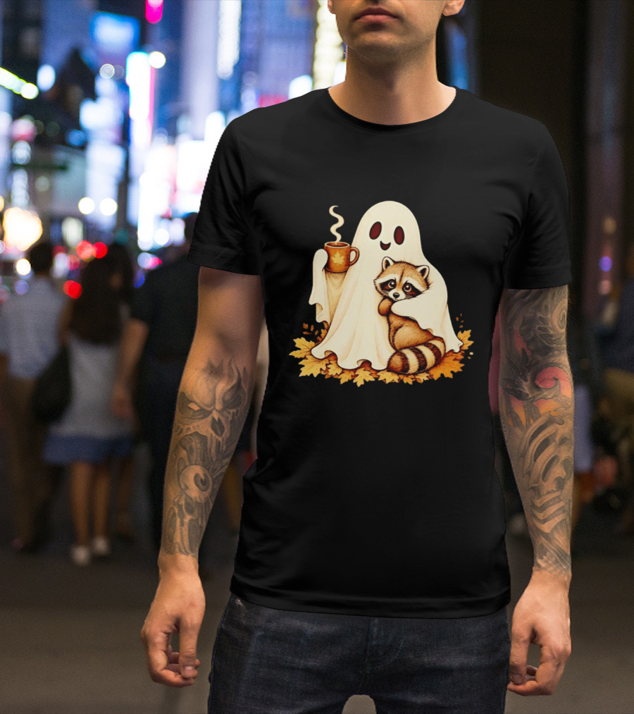 Ghost Hugging Raccoon With Coffee And Autumn Leaves T-Shirt