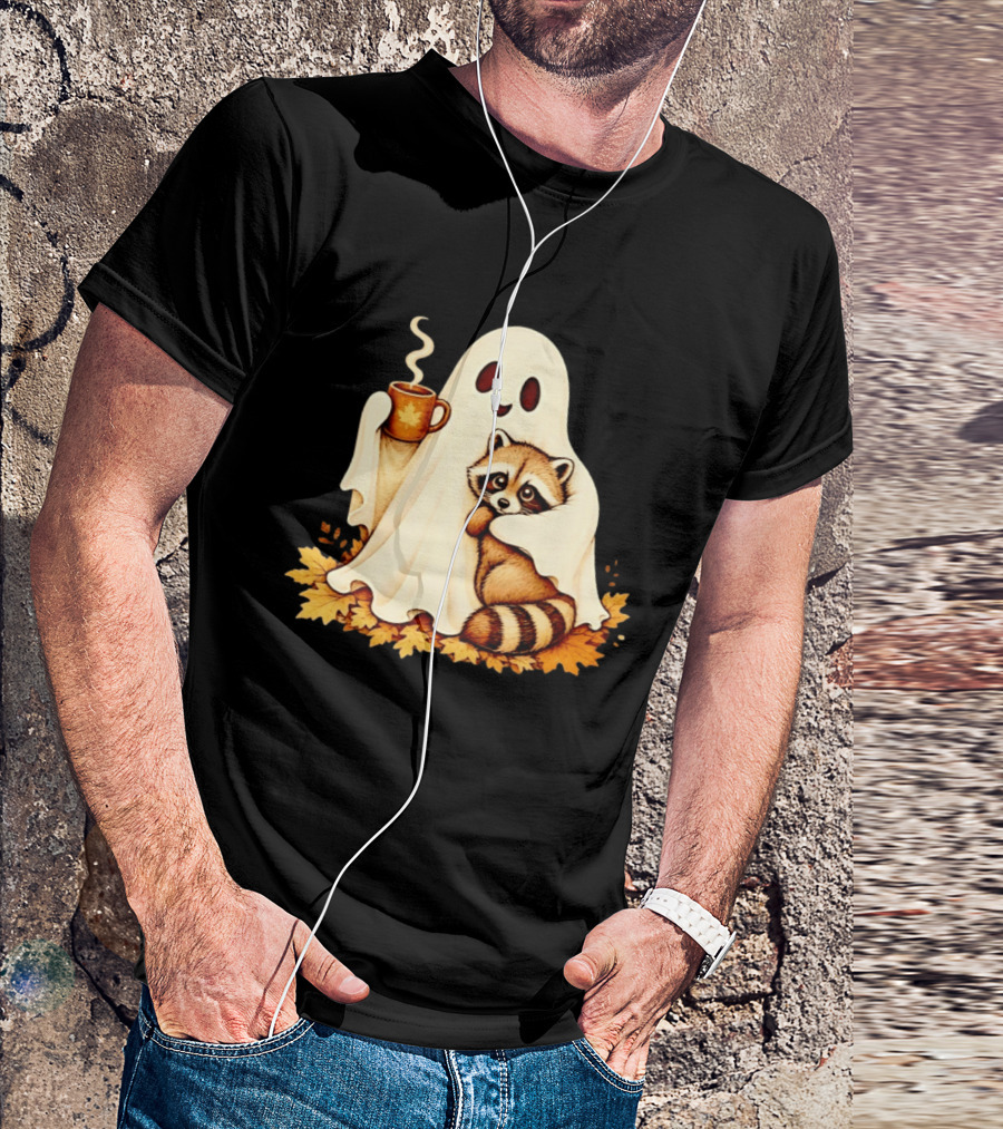 Ghost Hugging Raccoon With Coffee And Autumn Leaves T-Shirt