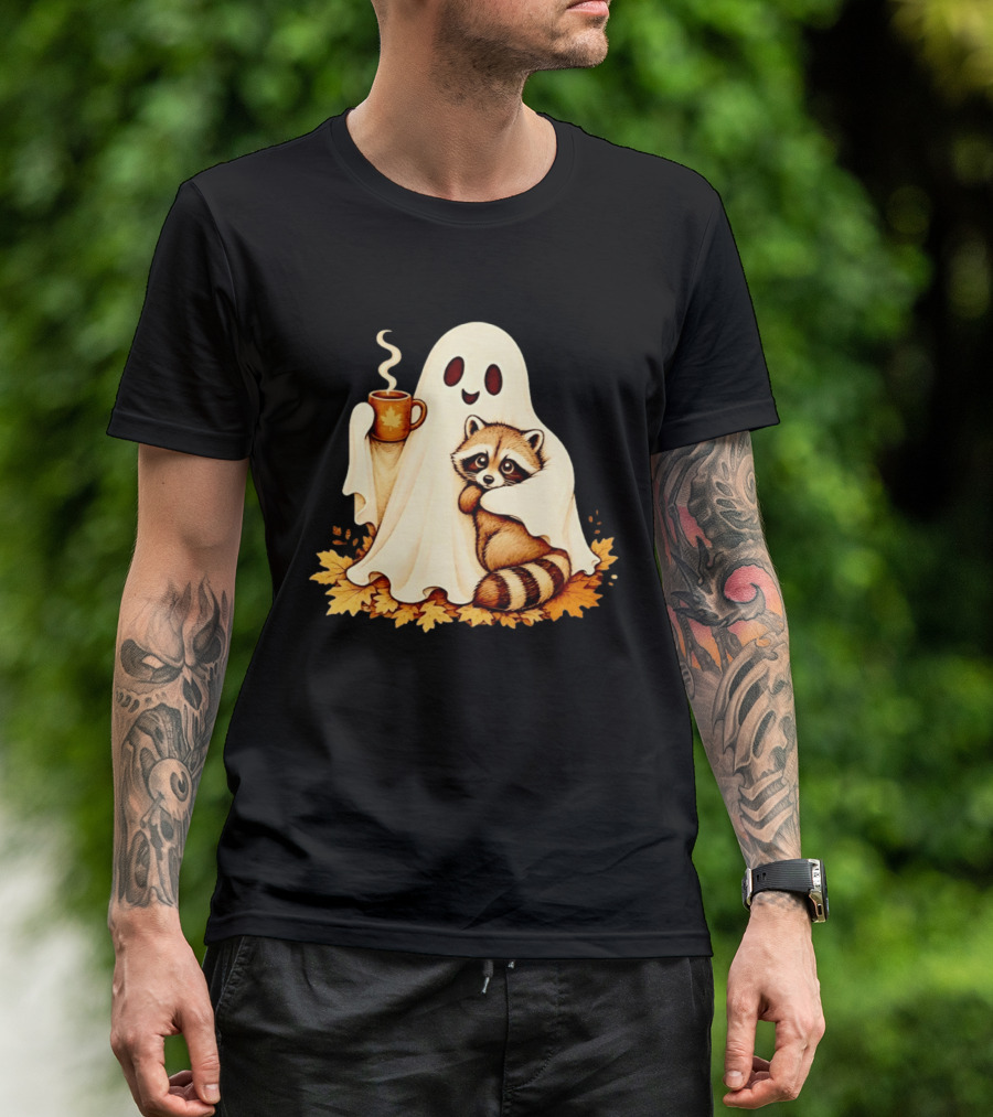 Ghost Hugging Raccoon With Coffee And Autumn Leaves T-Shirt