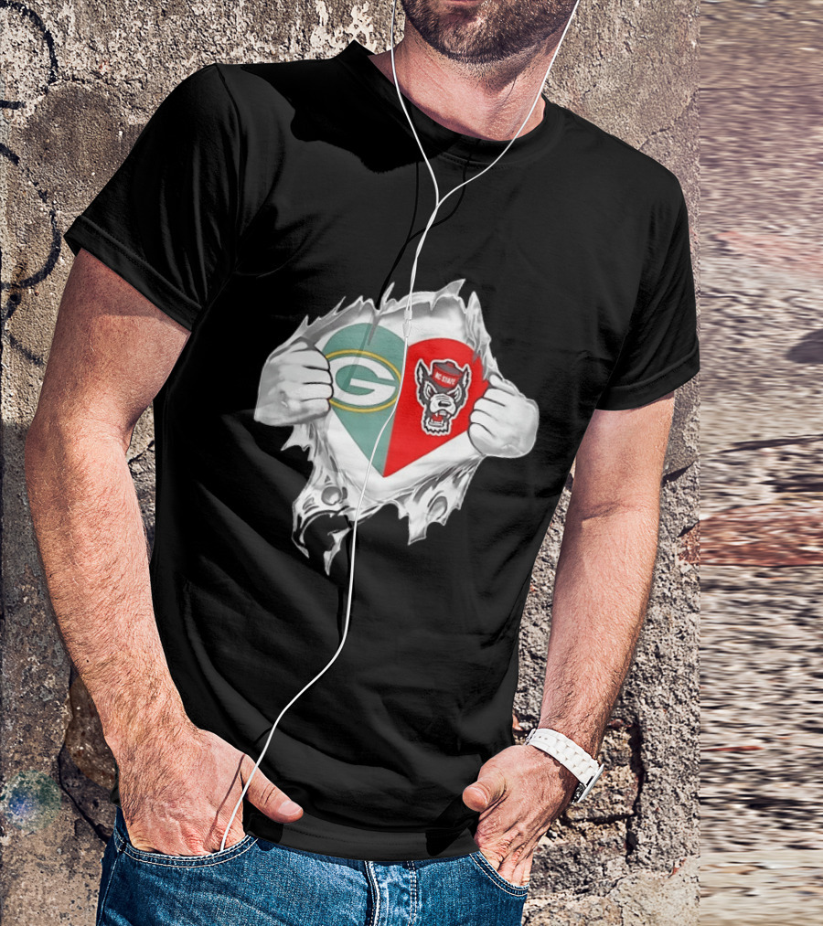 Green Bay Packers NC State Wolfpack Heart Superman Chest Rip T-Shirt