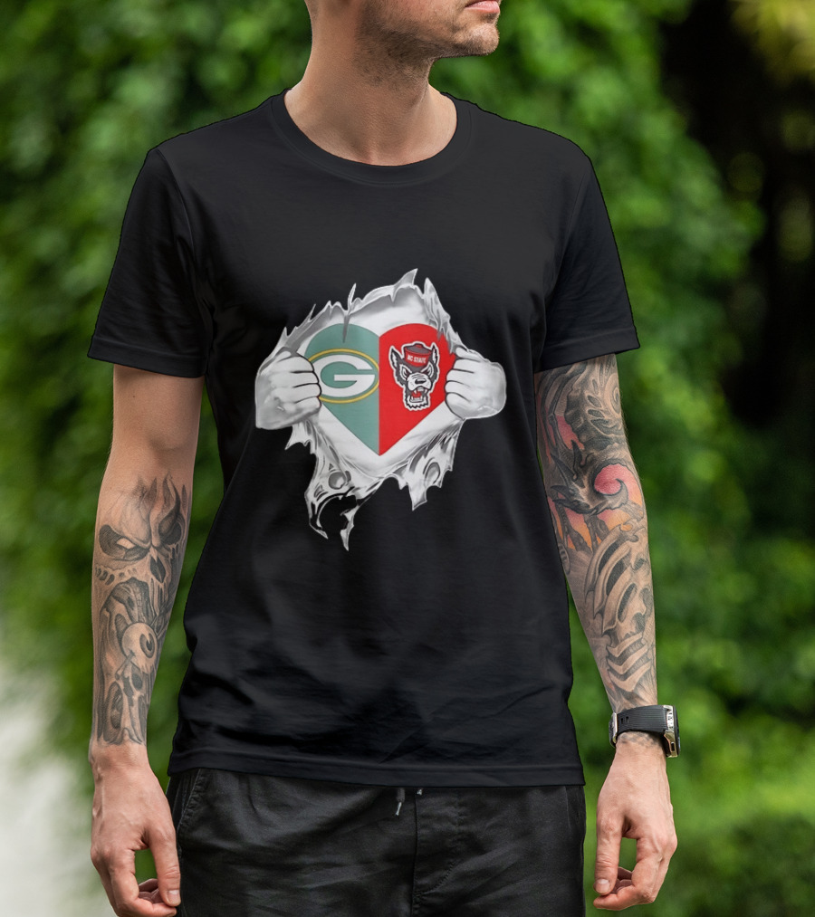Green Bay Packers NC State Wolfpack Heart Superman Chest Rip T-Shirt