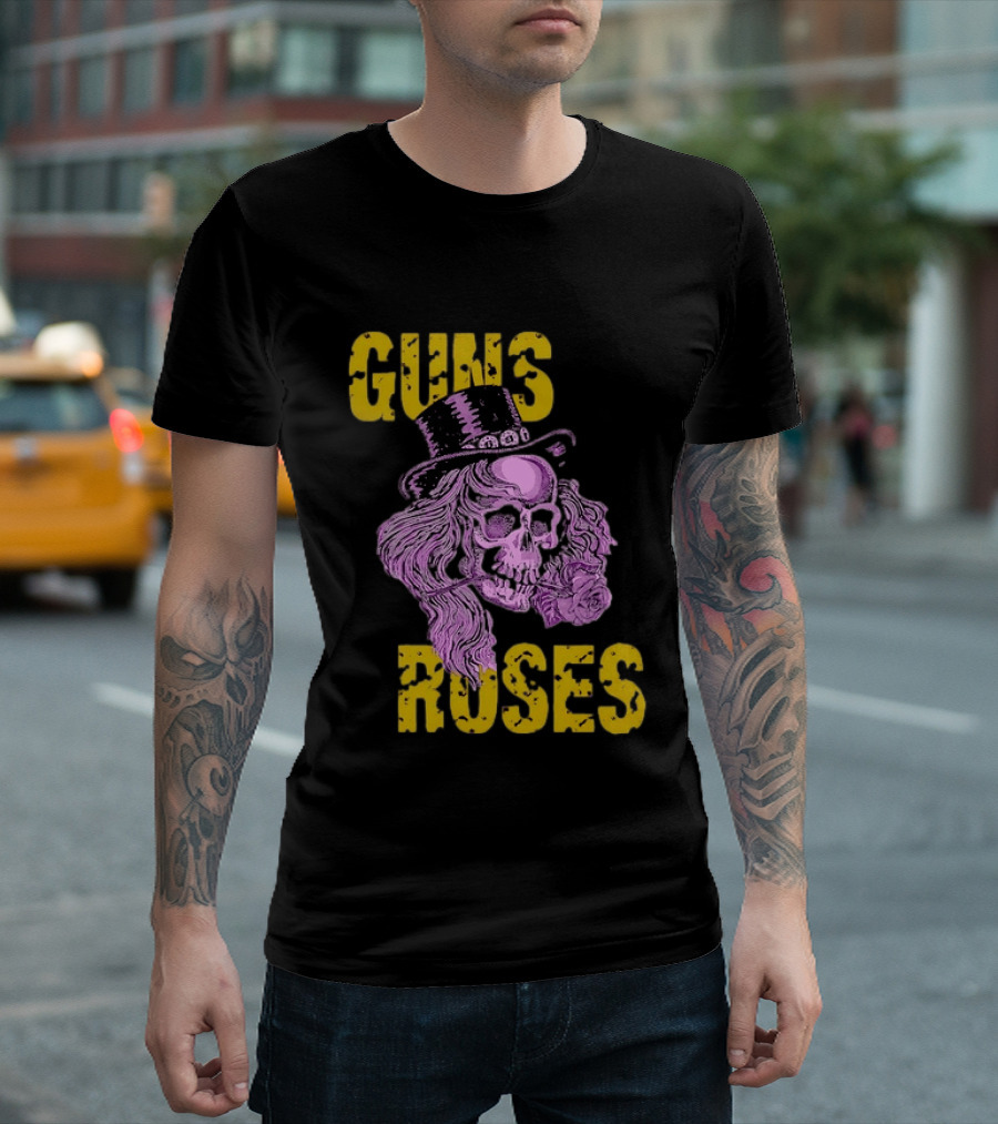 Guns N' Roses Distressed Skull With Top Hat And Roses T-Shirt