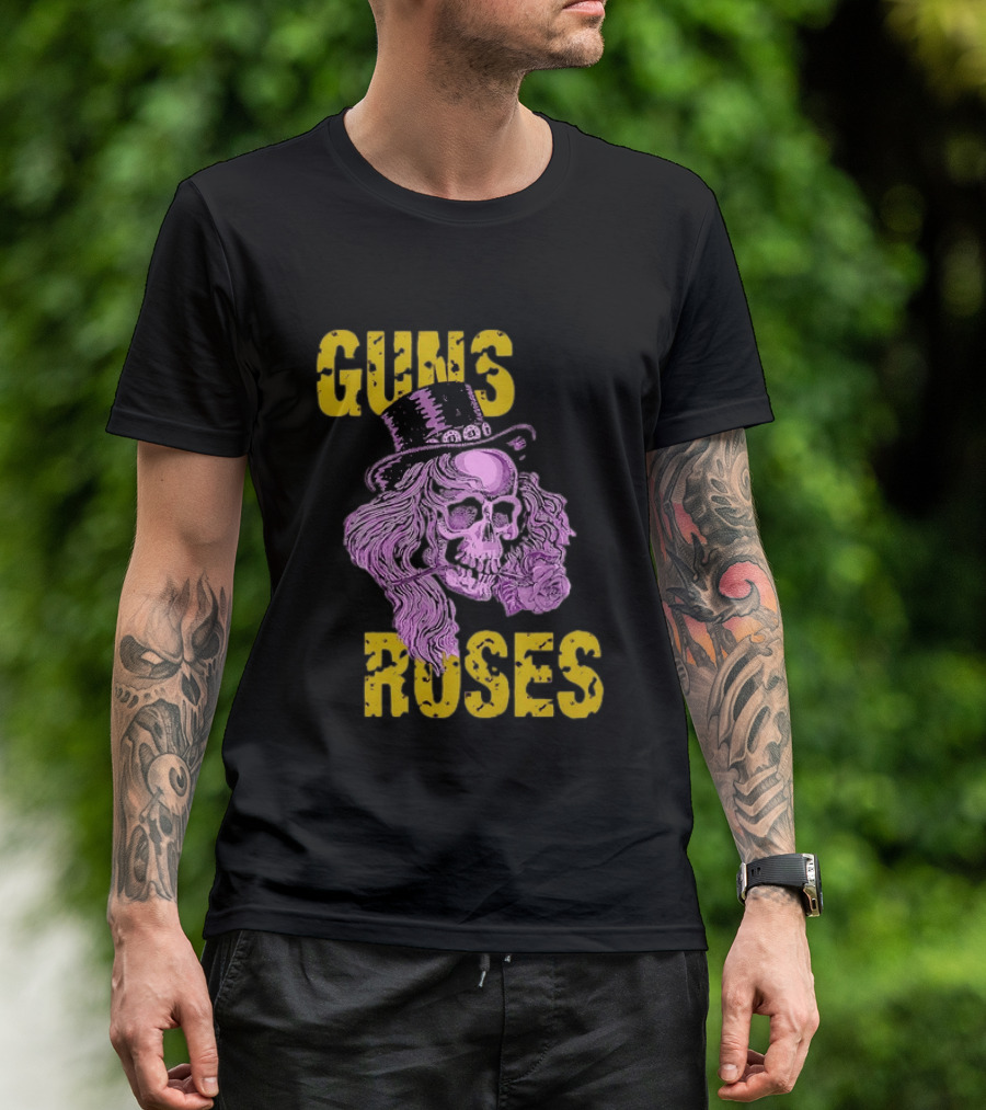 Guns N' Roses Distressed Skull With Top Hat And Roses T-Shirt