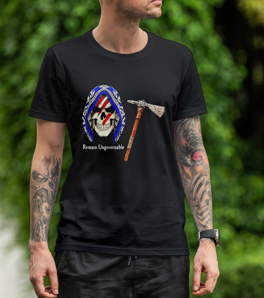 Skull With Tomahawk Remain Ungovernable Hooded Skeleton Red Marks T-Shirt