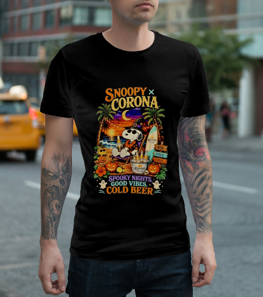 Snoopy X Corona Boo Beach Chill Spooky Nights Good Vibes Cold Beer T-Shirt