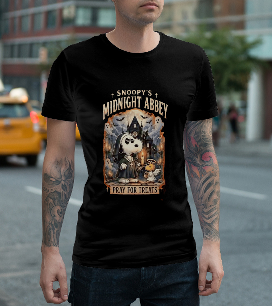 Snoopy's Midnight Abbey Pray For Treats Halloween Cathedral Scene T-Shirt