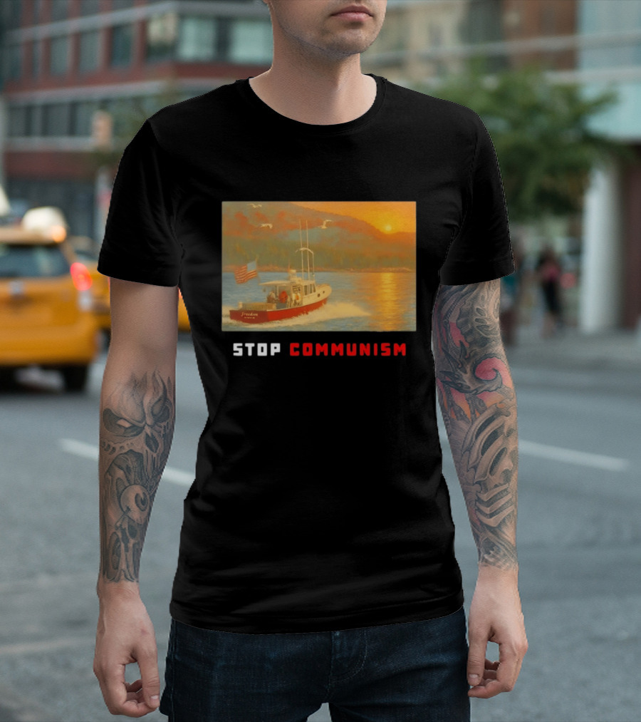 Stop Communism Freedom Boat American Flag Sunset Landscape T-Shirt
