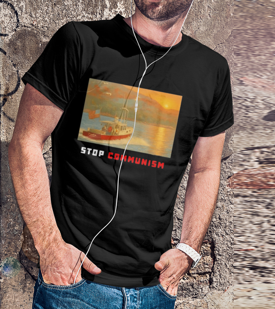 Stop Communism Freedom Boat American Flag Sunset Landscape T-Shirt