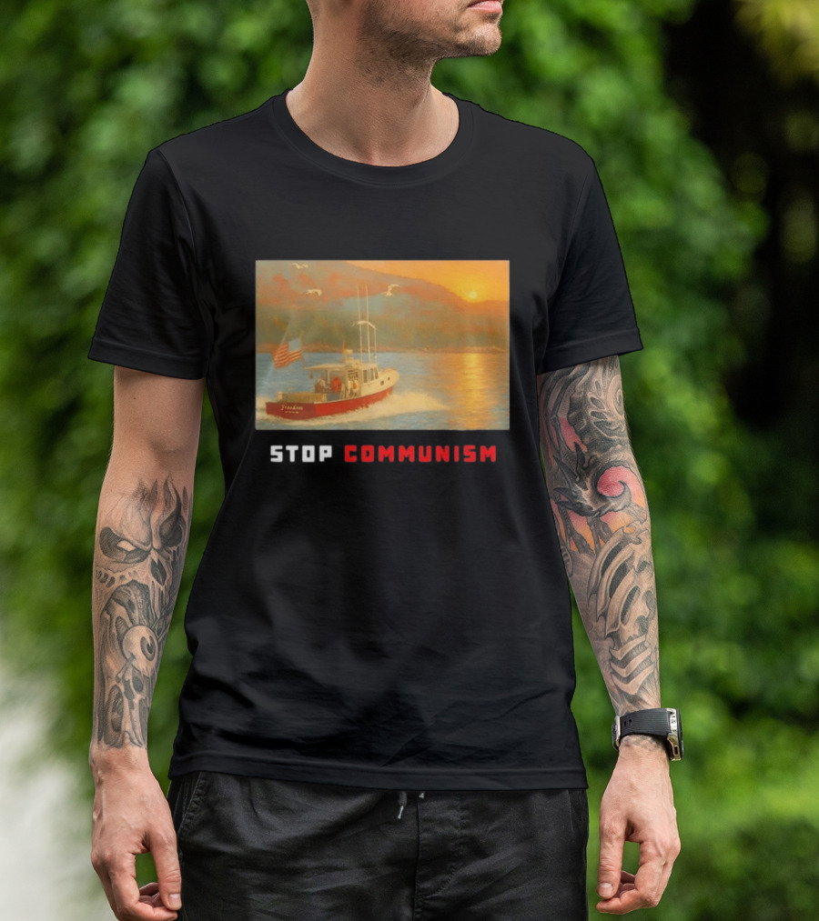 Stop Communism Freedom Boat American Flag Sunset Landscape T-Shirt
