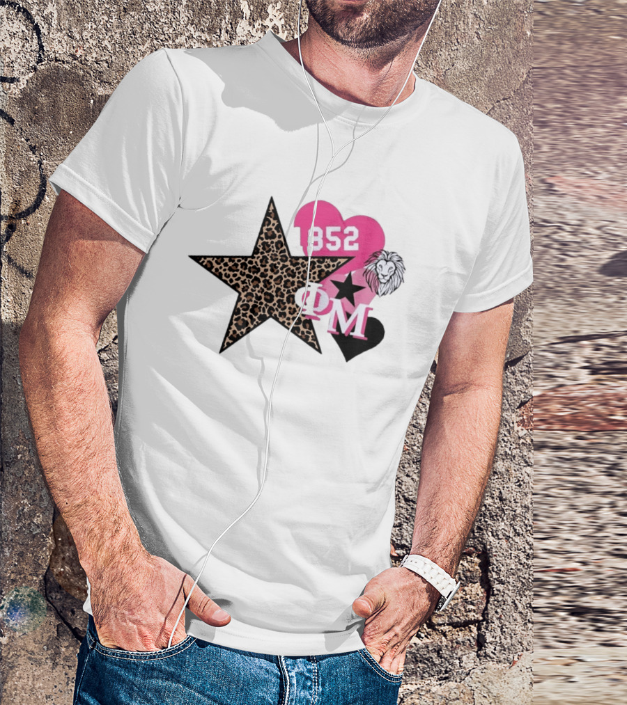 Phi Mu 1852 Leopard Star Lion 852 Pink Heart Sorority T-Shirt