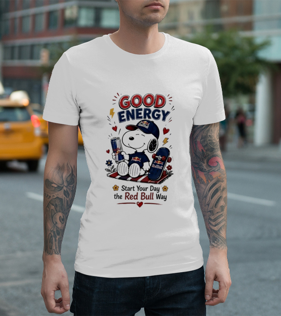 Snoopy Good Energy Start Your Day The Red Bull Way Skateboard And Drink T-Shirt