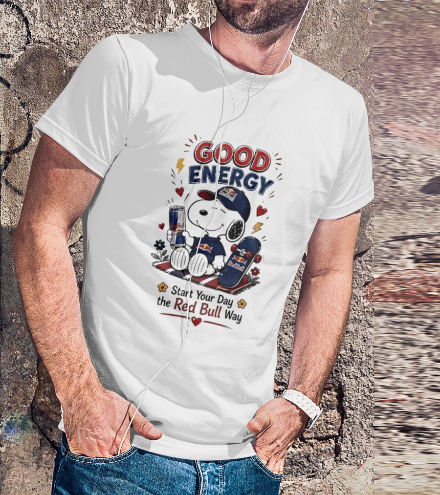 Snoopy Good Energy Start Your Day The Red Bull Way Skateboard And Drink T-Shirt