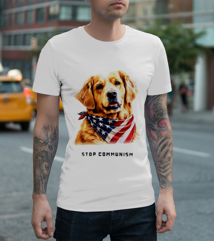 Golden Retriever Wearing American Flag Bandana Stop Communism T-Shirt