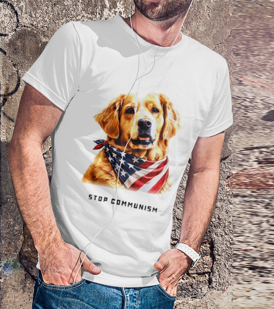 Golden Retriever Wearing American Flag Bandana Stop Communism T-Shirt