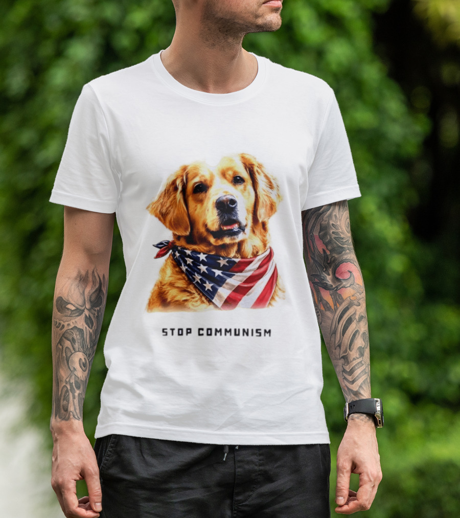 Golden Retriever Wearing American Flag Bandana Stop Communism T-Shirt