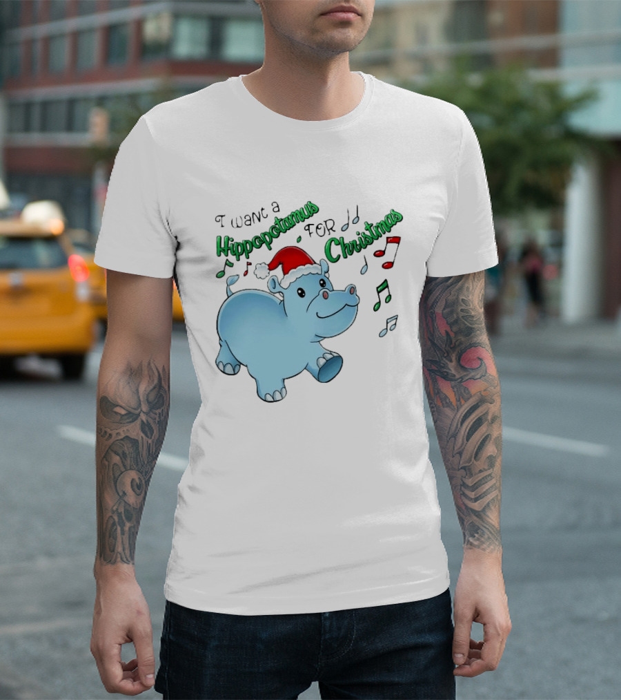 Inktastic I Want A Hippopotamus For Christmas Hippo In Santa Hat T-Shirt