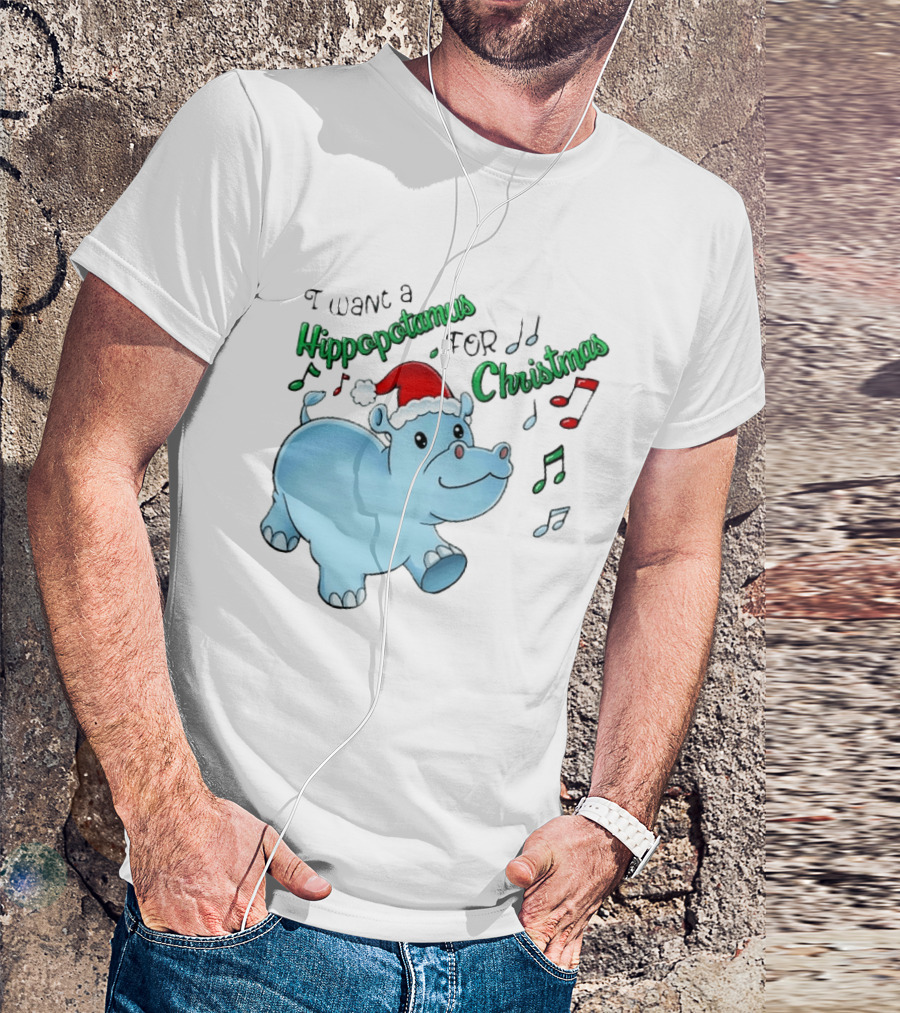 Inktastic I Want A Hippopotamus For Christmas Hippo In Santa Hat T-Shirt